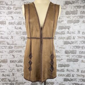 Carmen Marc‎ Volvo Faux Suede Vest Sz S Brown Crochet Trim Western Boho Open
